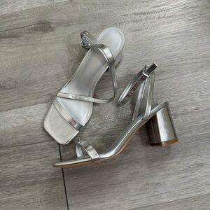 Lacuone  Elegant Silver Block Heel Sandals very comfortable party vibes